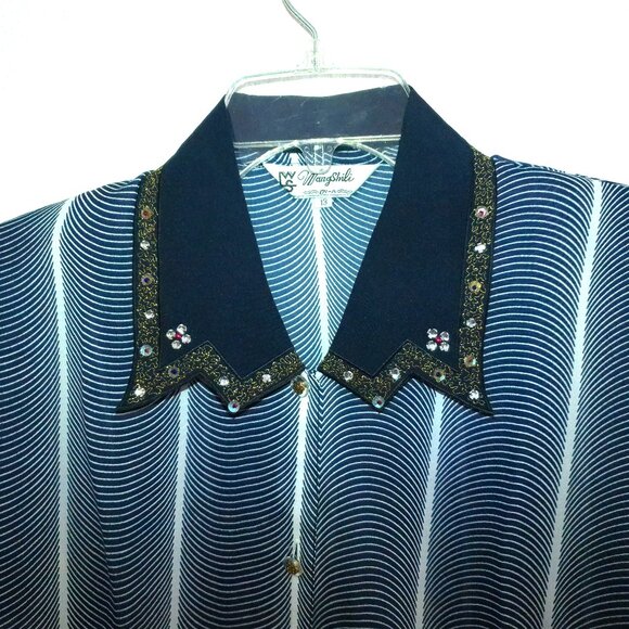 WangShiLi, Blue/white long sleeve shirt, with crystals/sequins design - Picture 4 of 11